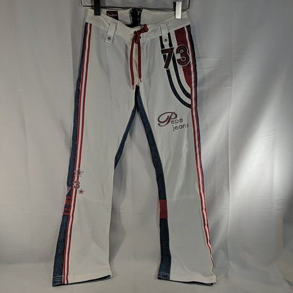 Pepe Jeans London Women's 25 White Red Blue Embroidered Side Stripes Denim Pants